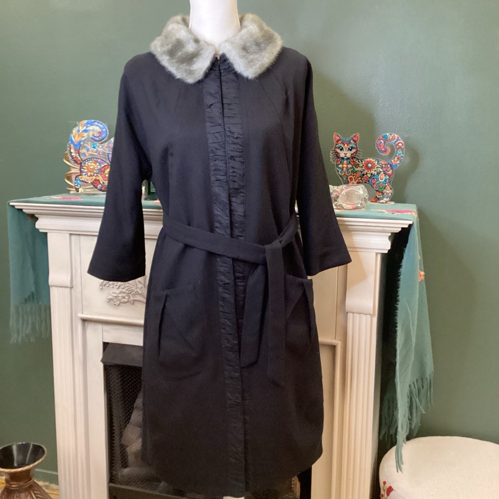 Simply Vera Vera Wang Black Trench Coat with Gray Faux Fur Collar